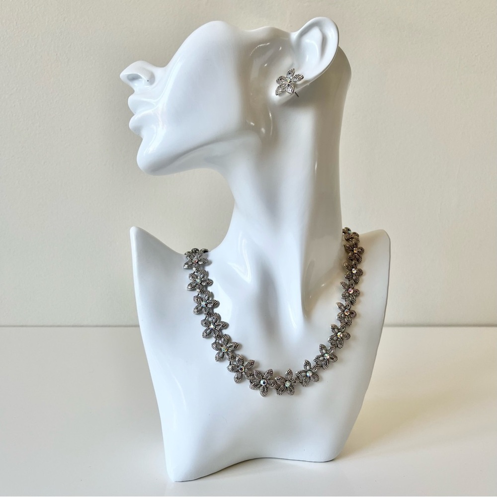 Silver Floral Rhinestone Necklace & Earrings Set